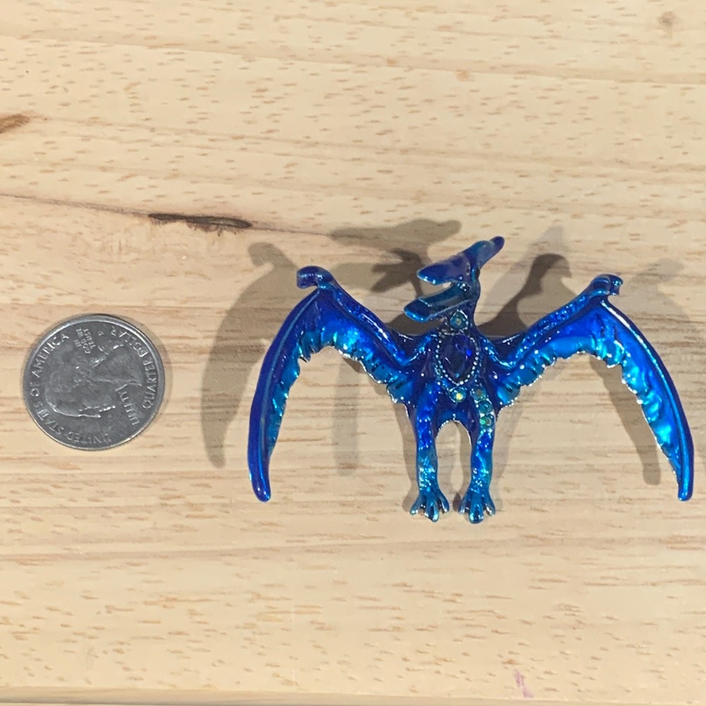 Blue Enamel Pterodactyl Dinosaur Brooch Pin Rhinestone Whimsical Statement Gift - Picture 6 of 6
